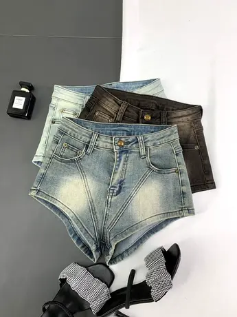 美式高腰辣妹超A性感牛仔短裤女2023夏季显瘦百搭扎染阔腿热裤潮商品大图