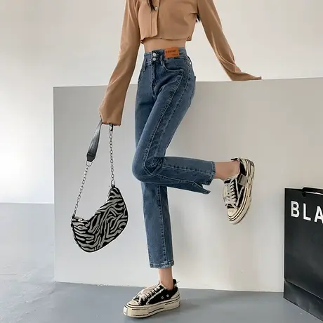直筒开叉牛仔裤女2023年春秋新款潮高腰修身显瘦显高小个子烟管裤商品大图