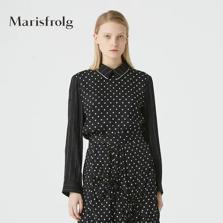 【言选好物】Marisfrolg玛丝菲尔桑蚕丝黑色长袖拼接条纹衬衫上衣商品大图