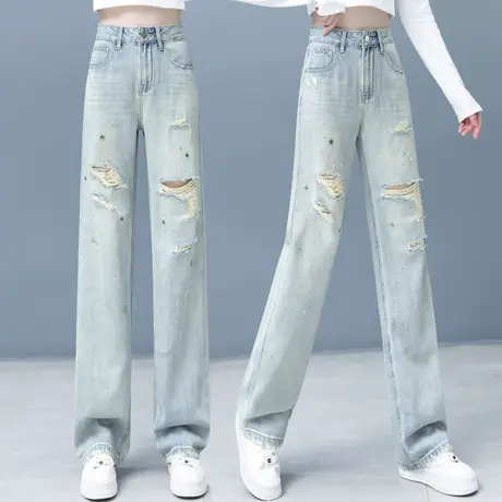 直筒牛仔裤女秋季新款时尚水洗破洞阔腿裤2023宽松潮流烫钻乞丐裤商品大图