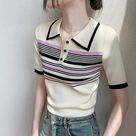 条纹POLO衫女短袖2023夏季新款正肩修身冰丝翻领半袖针织T恤上衣商品大图