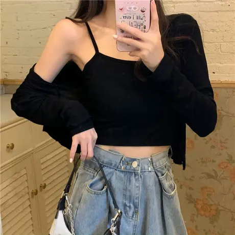 闺蜜姐妹洋气纯棉两件套装小吊带背心长袖开衫百搭短款高弹力修身图片