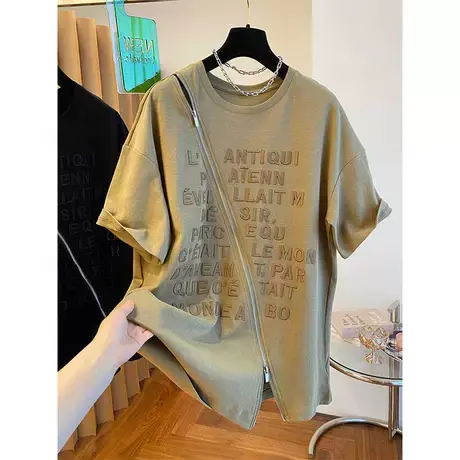 设计感小众宽松重工刺绣t恤女装短袖别致拉链开叉大版胖mm上衣夏图片