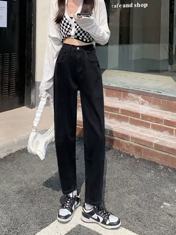 清仓捡漏外贸黑色牛仔裤女高腰直筒宽松显瘦阔腿梨形身材裤商品大图