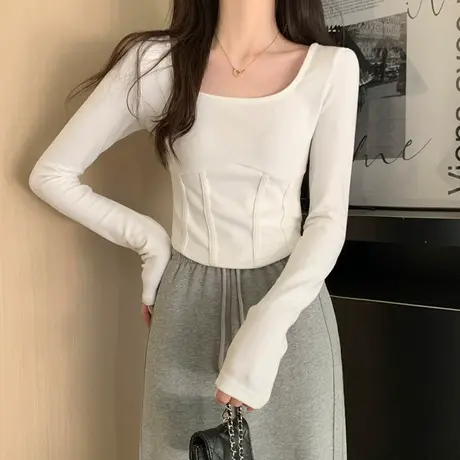 气质方领设计感长袖t恤女2023新款春秋修身内搭短款打底衫上衣服图片