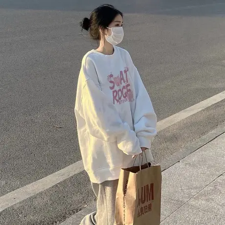 奶甜艺术生卫衣女春秋薄款落肩小个子宽松oversize长袖圆领上衣潮图片