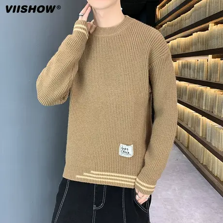 VIISHOW毛衣男秋冬季潮流条纹学生一体绒打底羊毛衫针织衫冬装商品大图