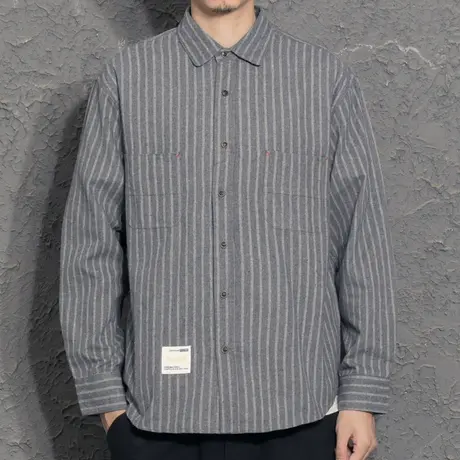 春秋条纹磨毛衬衫男长袖韩版潮流帅气寸衣宽松休闲百搭潮牌衬衣男图片