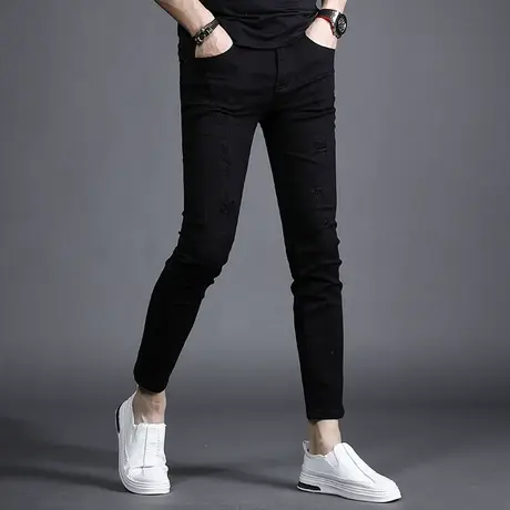 纯黑色破洞九分牛仔裤男修身小脚裤弹力百搭个性显瘦潮流9分裤男商品大图