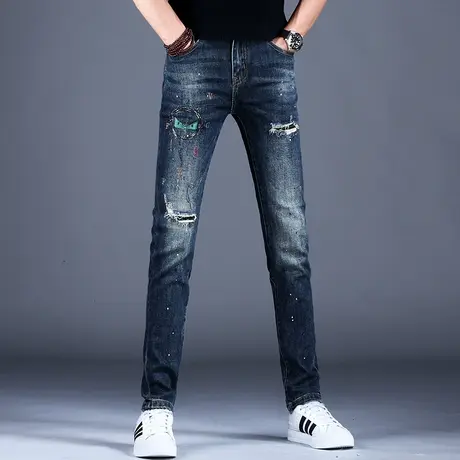 男士泼墨破洞牛仔裤春秋新款高端潮牌裤子男韩版男款休闲修身小脚商品大图