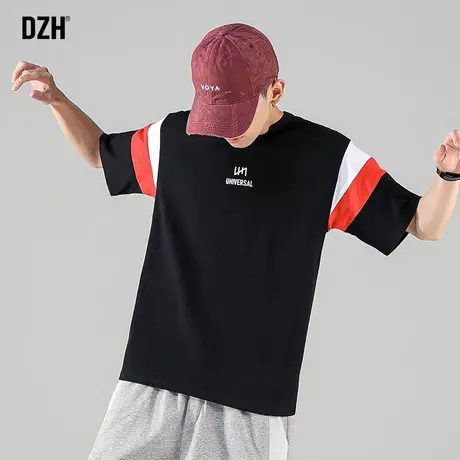 男生撞色拼接短袖男潮牌宽松黑色t恤夏季薄款印花体恤上衣半截袖商品大图