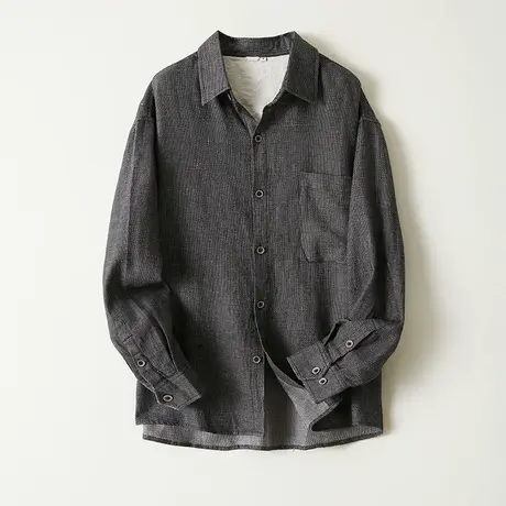 棉麻衬衫男长袖春秋季宽松上衣商务美式衬衣男士休闲百搭外套潮流商品大图