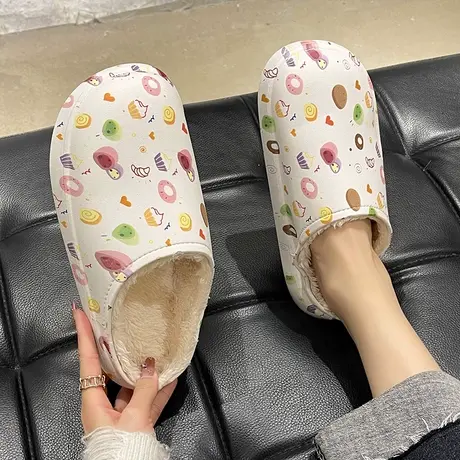 防水棉拖鞋女冬季可外穿可爱甜甜圈厚底防滑加绒保暖室内居家拖鞋商品大图