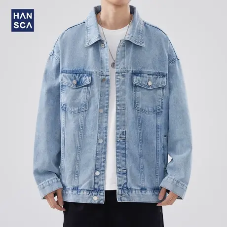 hansca浅蓝牛仔外套男士春秋季2023美式痞帅复古潮牌休闲工装夹克商品大图