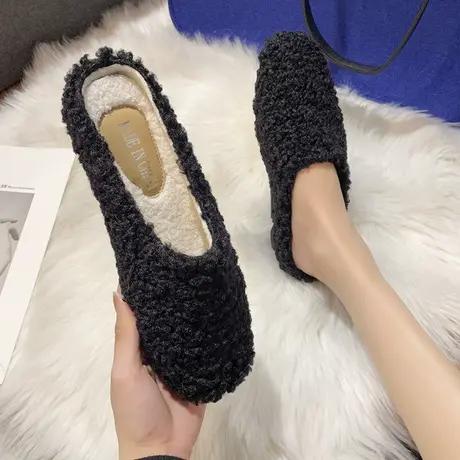 包头毛毛拖鞋女外穿一脚蹬秋冬加绒保暖居家羊羔毛孕妇鞋平底棉鞋商品大图