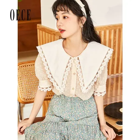 Oece别致设计感上衣2022夏季新款女装法式小众衬衫复古短袖衬衣图片