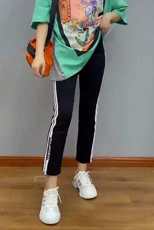 开叉运动裤女装春夏季2023新款宽松显瘦大码高腰八分休闲阔腿裤子图片