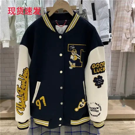 外套女2021秋冬新款小熊刺绣棒球服短款上衣外套夹克休闲开衫卫衣商品大图