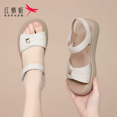 红蜻蜓夏季平底软底厚底女士凉鞋女款2025新款外穿真皮妈妈不累脚商品大图