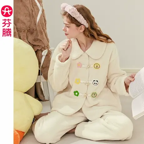 芬腾珊瑚绒女士睡衣秋冬加厚新中式套装布朗熊宽松大码加绒家居服商品大图