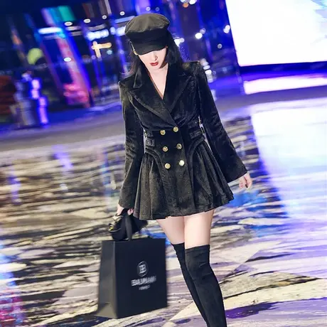 VJE时尚名媛风收腰裙摆双排扣短大衣冬季中长款毛呢外套商品大图