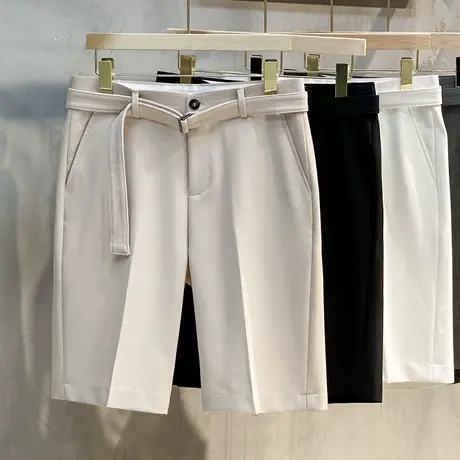 送腰带冰丝夏季韩版修身五分裤男休闲裤轻商务小直筒薄款西裤短裤商品大图