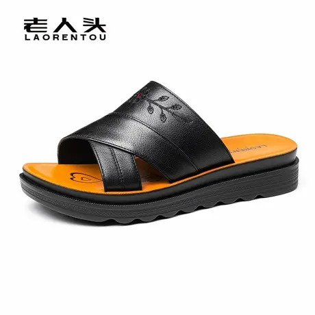 老人头拖鞋女真皮厚底女士中跟一字拖平底外穿中年妈妈夏季凉鞋拖商品大图