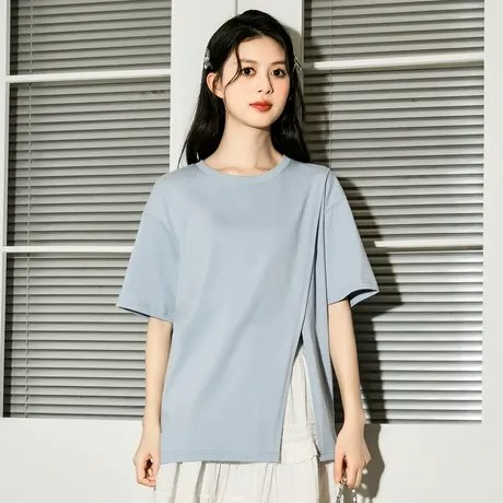 唐狮下摆开叉短袖T恤女新款夏季甜辣宽松上衣女设计感小众商品大图