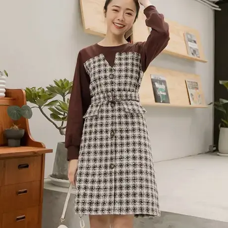 桔熊秋冬季气质磨毛衫拼接金葱格纹毛呢料连衣裙子女装大码DA9073图片