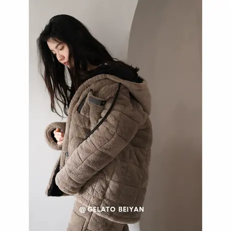 贝妍冬季三层珊瑚绒夹棉情侣睡衣女加厚连帽家居服男保暖棉袄套装商品大图
