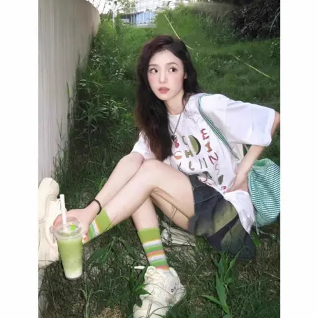 白色夏季美式复古短袖t恤女2025新款oversize设计感小众半袖上衣图片