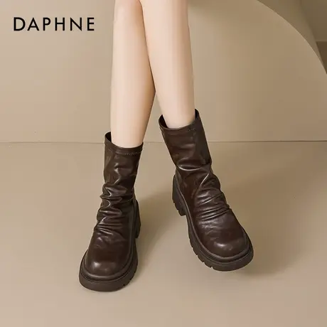 达芙妮棕色短靴女2025夏新款复古褶皱堆堆靴巨好穿美拉德马丁靴子商品大图