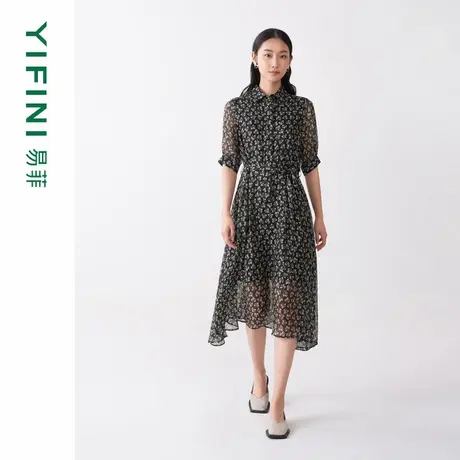 [专柜同款]Yifni/易菲法式高腰显瘦气质印花翻领碎花连衣裙女夏新商品大图