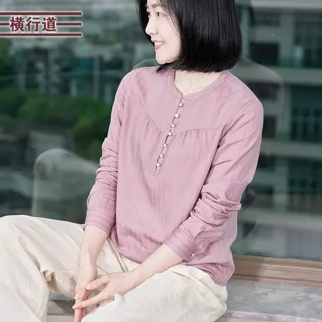 圆领半开襟长袖上衣法式衬衫小众衬衣女纯色宽松显瘦2025秋装新款商品大图