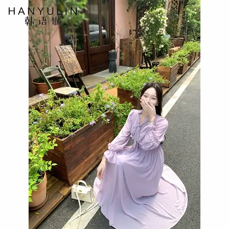韩语琳 9/08 法式温柔风长袖连衣裙女秋季收腰显瘦紫色雪纺长裙图片
