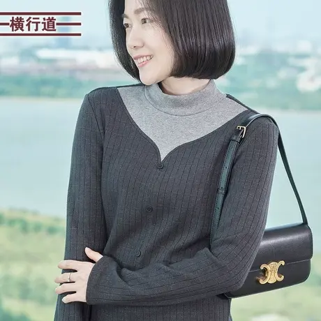 拼色假两件半高领打底衫撞色内搭上衣T恤春装小衫2025新款女装商品大图