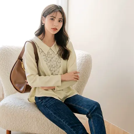 桔熊春秋季通勤衬衫领手绘印花拼接雪纺衫长袖上衣女大码AB16702图片