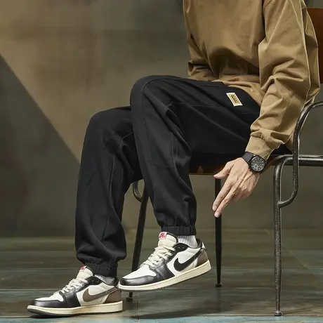 唐狮秋季新款男休闲裤抽绳针织束腿潮流时尚设计黑色运动长裤TMTA商品大图