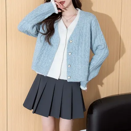 唐狮秋冬毛衣女外套木耳边袖口设计假两件开衫春秋高级感女装tu图片