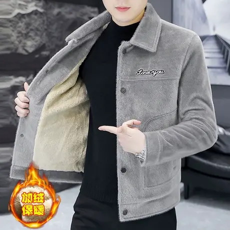 秋冬季男士水貂绒夹克加绒加厚休闲百搭毛呢外套痞帅潮流短款风衣商品大图