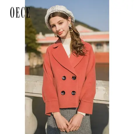 【买1送1】Oece秋冬装新款英伦少女学院翻领双排扣短款呢大衣外套图片