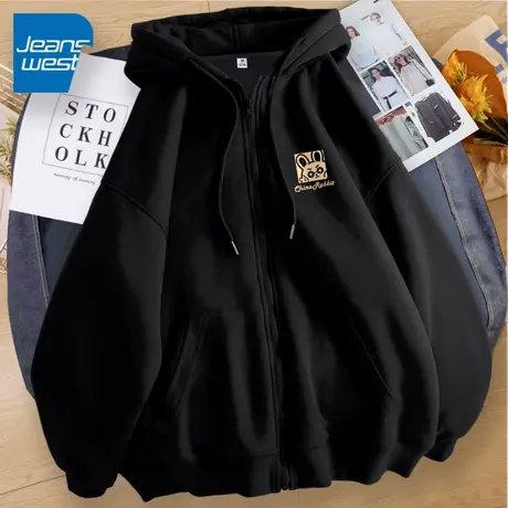 ZR真维斯卫衣外套女春秋款黑色上衣2023新款韩版大码连帽开衫女潮图片