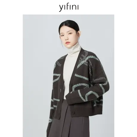 Yifini/易菲100%绵羊毛宽松针织开衫女2023秋冬新款百搭V领外套图片