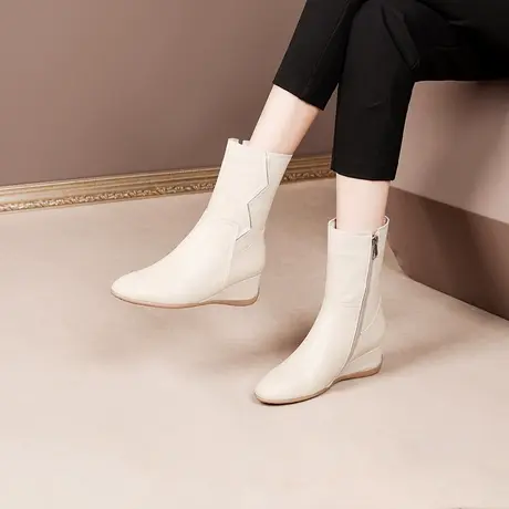 秋冬季新款短靴女坡跟靴子真皮中跟女式皮靴小圆头百搭牛皮中筒靴图片