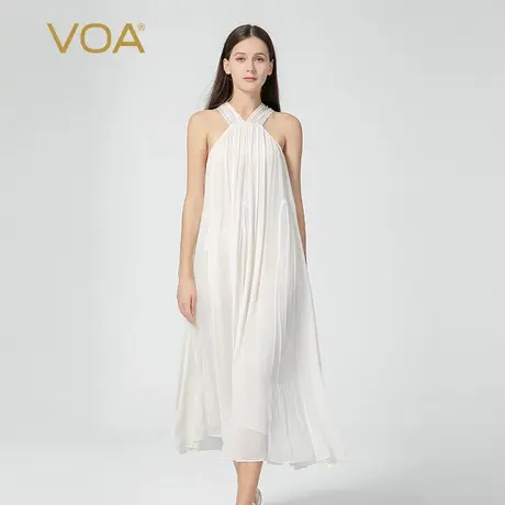 VOA水纹白双层纯桑蚕丝挂脖肩带超大版型慵懒随性真丝度假连衣裙图片