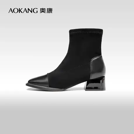 奥康短靴女秋冬新款粗跟小个子瘦瘦靴增高女潮ins时装靴女商品大图