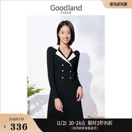 Goodland美地女装冬季撞色西装领赫本风收腰针织连衣裙图片