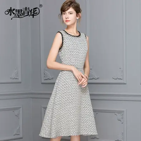 【1件7.9折】冬装新款时尚修身格纹圆领无袖裙百搭收腰大摆连衣裙商品大图