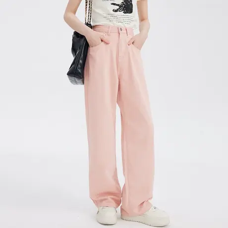 高腰阔腿裤女2023新款夏季粉色裤子直筒宽松复古牛仔裤美式高街商品大图