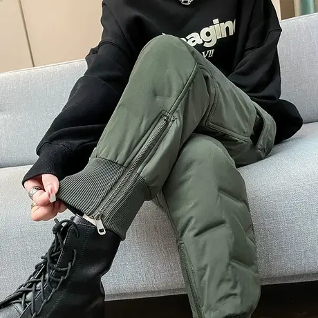 军绿色高级羽绒裤女外穿冬季新款加绒保暖白鸭绒棉裤休闲工装裤子商品大图